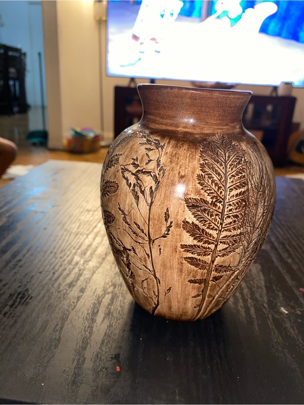 Botanical Brown Ceramic Vase with Leaf Impressions